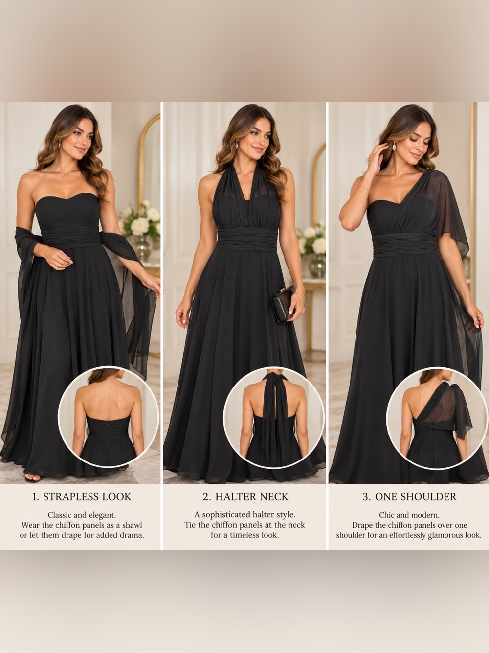 AZAZIE BLACK CONVERTIBLE CHIFFON FORMAL GOWN